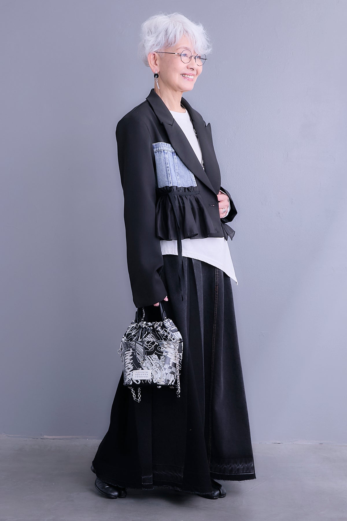 SET】デニムドッキングショートジャケット+アシンメトリーロンT+