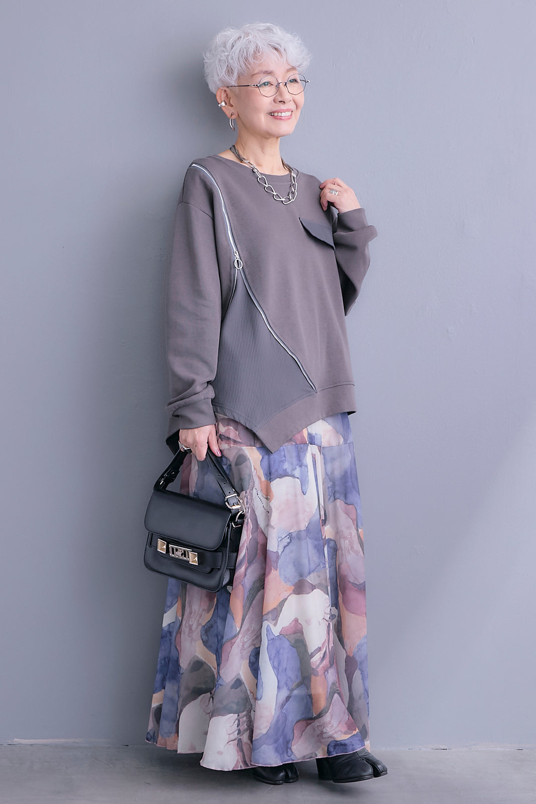 【SET】ショルダーZIPアシメデザインプルオーバー+ウォーターアートフレアスカート(2set)