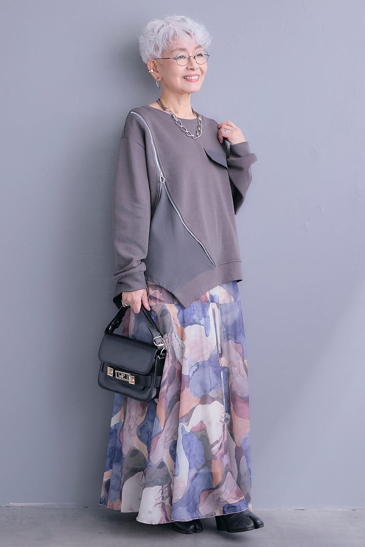 【SET】ショルダーZIPアシメデザインプルオーバー+ウォーターアートフレアスカート(2set)