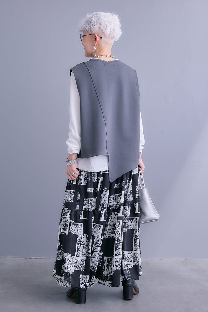 【SET】ZIPオープンVネックベスト+アシメロンT+スズランモノトーンフレアスカート(2set)