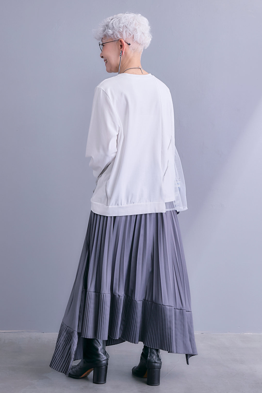 【SET】チュールギャザーアシメポケットプルオーバー+アシンメトリープリーツスカート(2set)