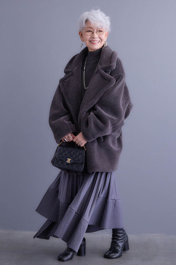 【SET】アシンメトリーオーバーニット+テディボアミディコート+アシンメトリープリーツスカート(3set)