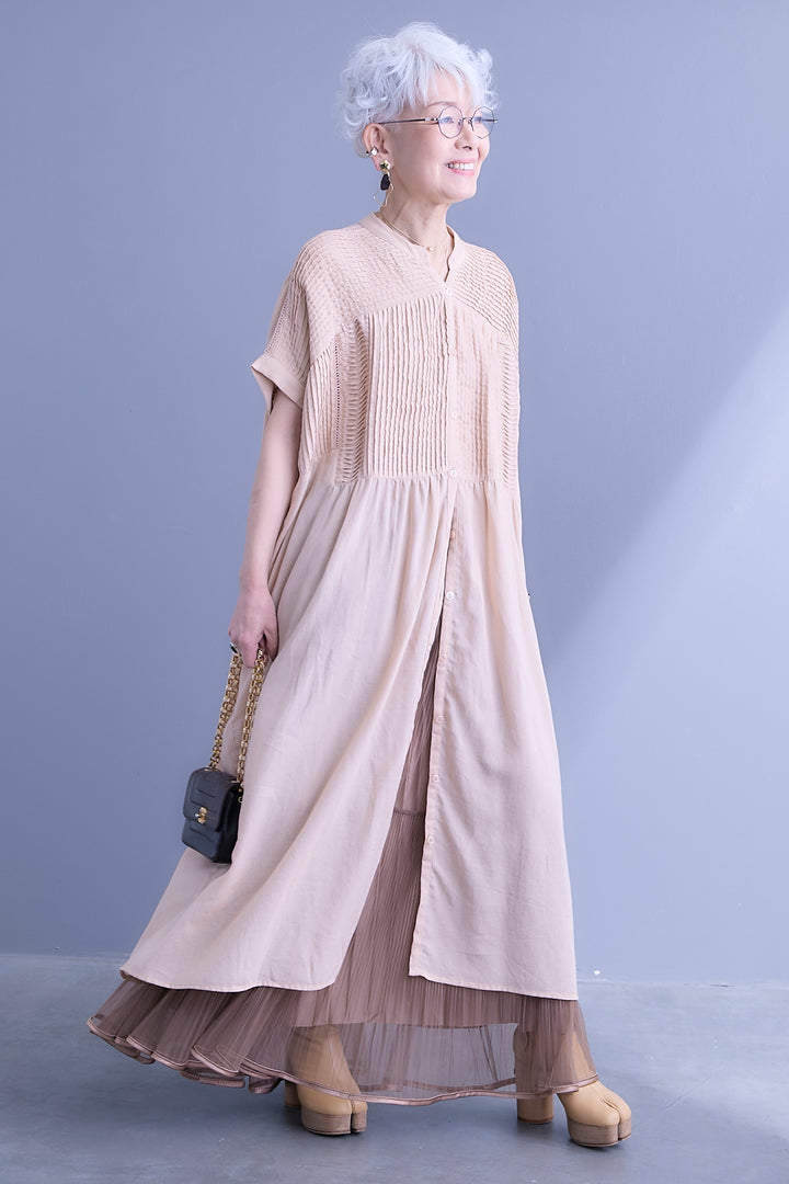 【SET】モスコットンピンタック×ハシゴレースワンピース+2WAYラメサテンプリーツ×シアーティアードチュールスカート(2set)