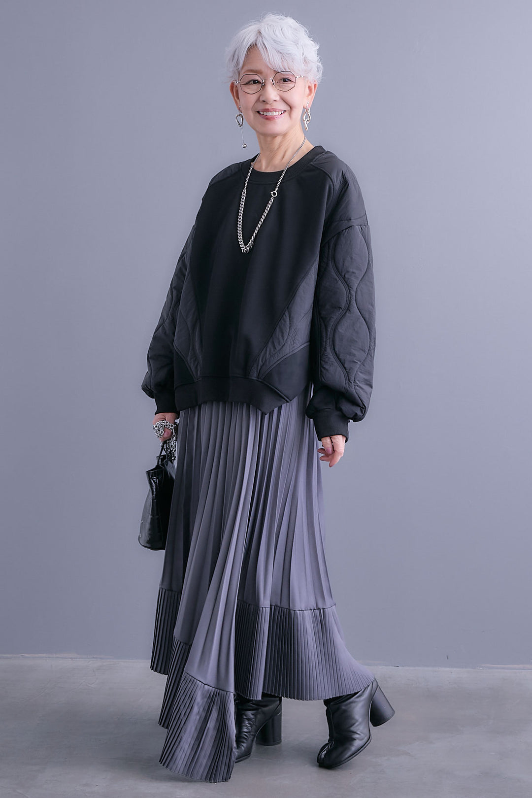 【SET】キルティングドッキングデザインプルオーバー+アシンメトリープリーツスカート(2set)