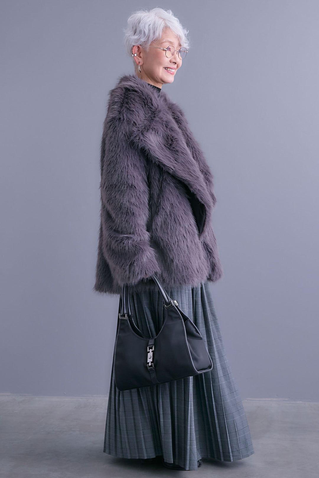 【SET】テーラードカラーファーコート+グレンチェックプリーツスカート(2set)