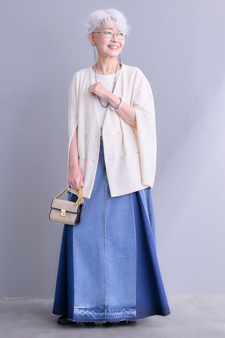 【SET】ZIPスリーブケープライク2WAYジャケット+プリーツタックデニムスカート(2set)