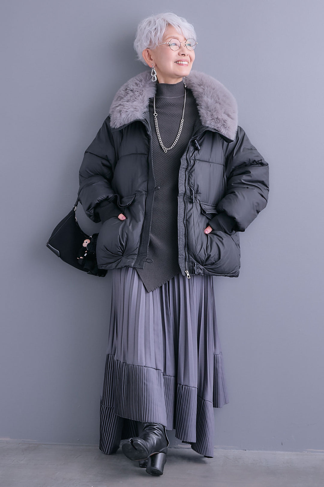 【SET】アシンメトリーオーバーニット+ファーカラーパディングコート+アシンメトリープリーツスカート(3set)