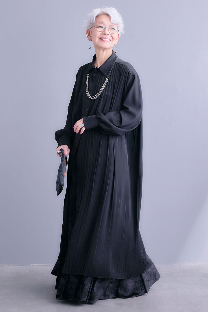 【SET】アシンメトリープリーツシャツワンピース+フロッキージャガードチュールロングスカート(2set)