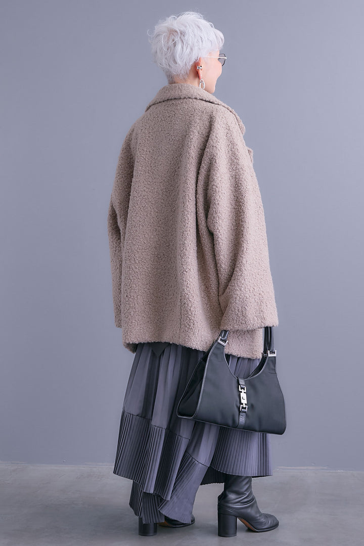 【SET】アシンメトリーオーバーニット+ブークレーテーラードコート+アシンメトリープリーツスカート(3set)