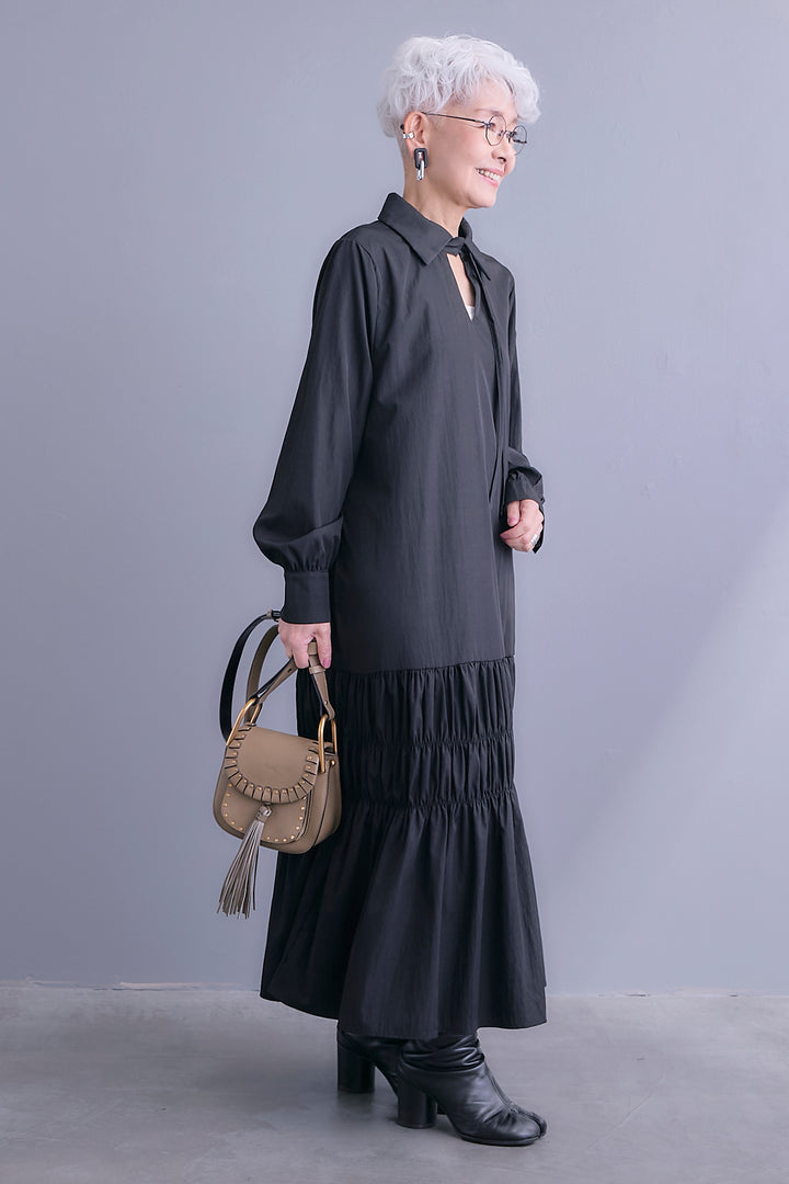 【予約】コードキーネックシャーリングデザインワンピース