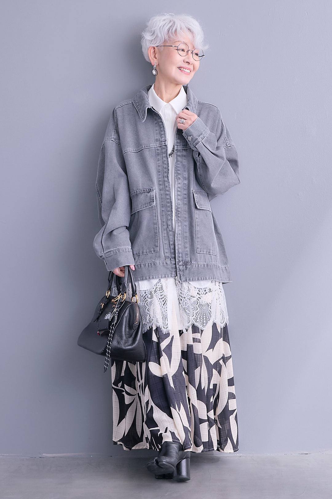 【SET】ジップアップデニムブルゾン+ヘムレースロングシャツ+リーフアートフレアスカート(3set)