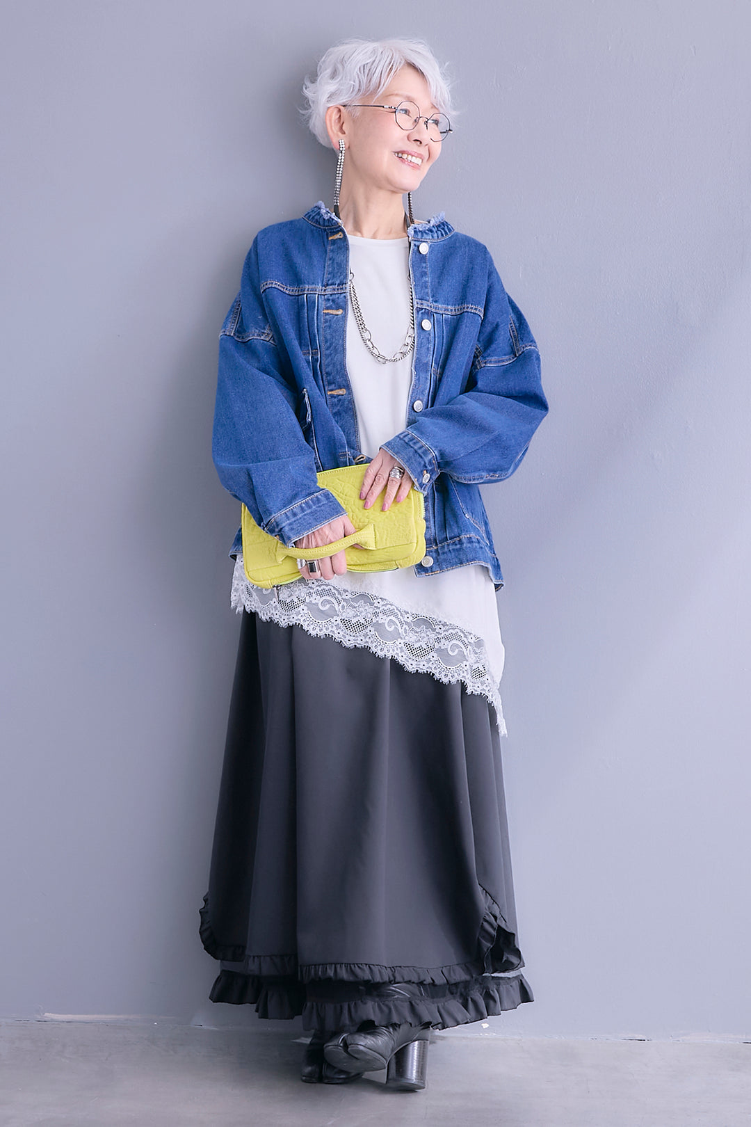 【SET】ノーカラーオーバーサイズデニムジャケット+ヘムレースアシメロンT+ヘムチュールレイヤードフリルスカート(3set)