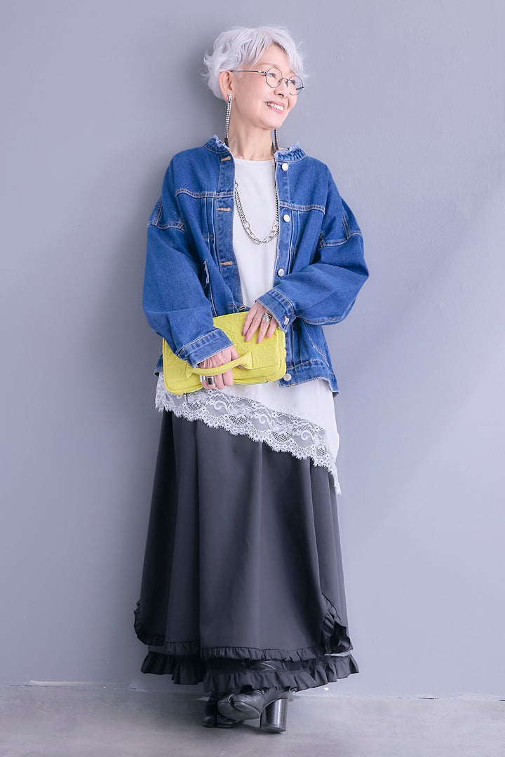 【SET】ノーカラーオーバーサイズデニムジャケット+ヘムレースアシメロンT+ヘムチュールレイヤードフリルスカート(3set)