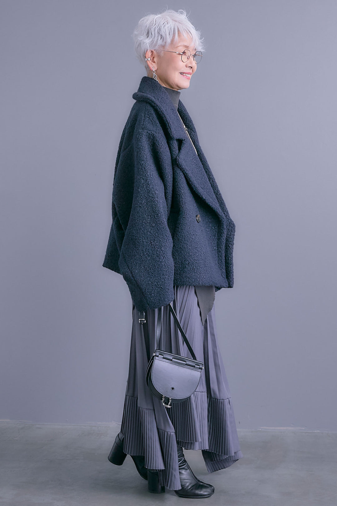 【SET】アシンメトリーオーバーニット+ブークレーオーバーミディコート+アシンメトリープリーツスカート(3set)