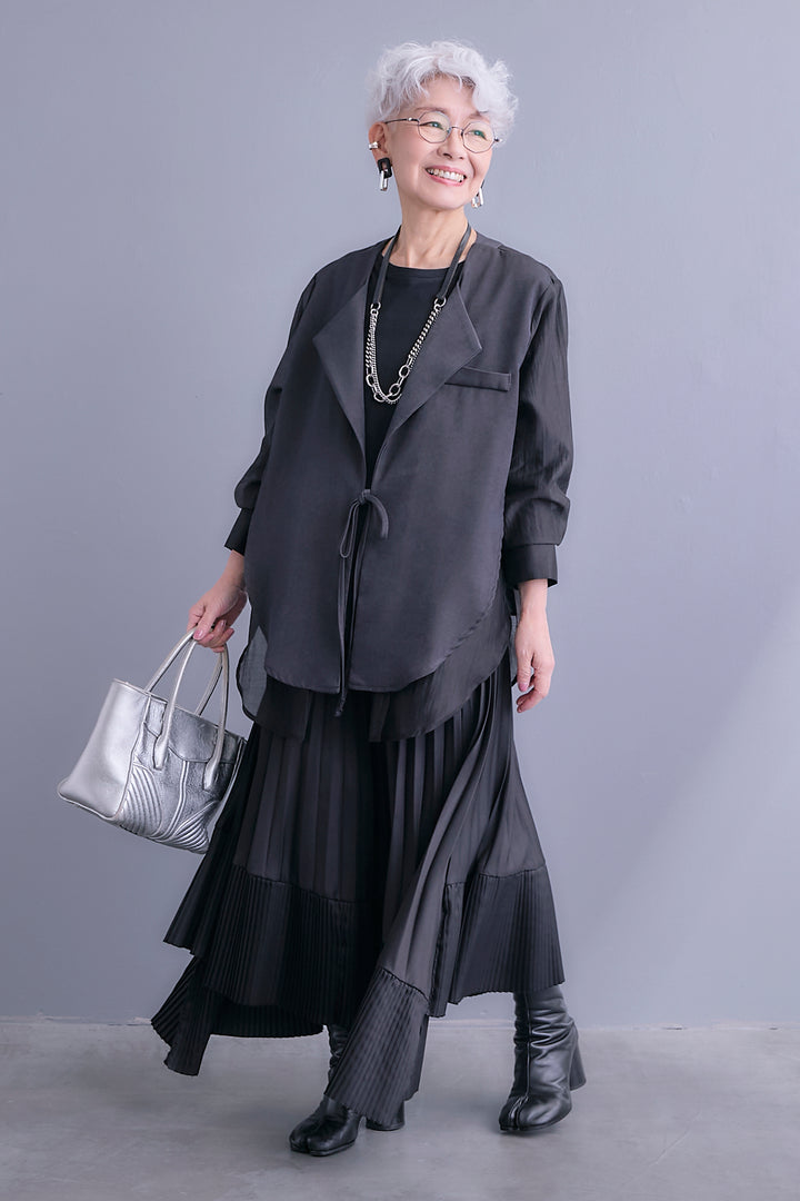 【SET】シアーシャツドッキングジャケット+アシンメトリーロンT+アシンメトリープリーツスカート(3set)