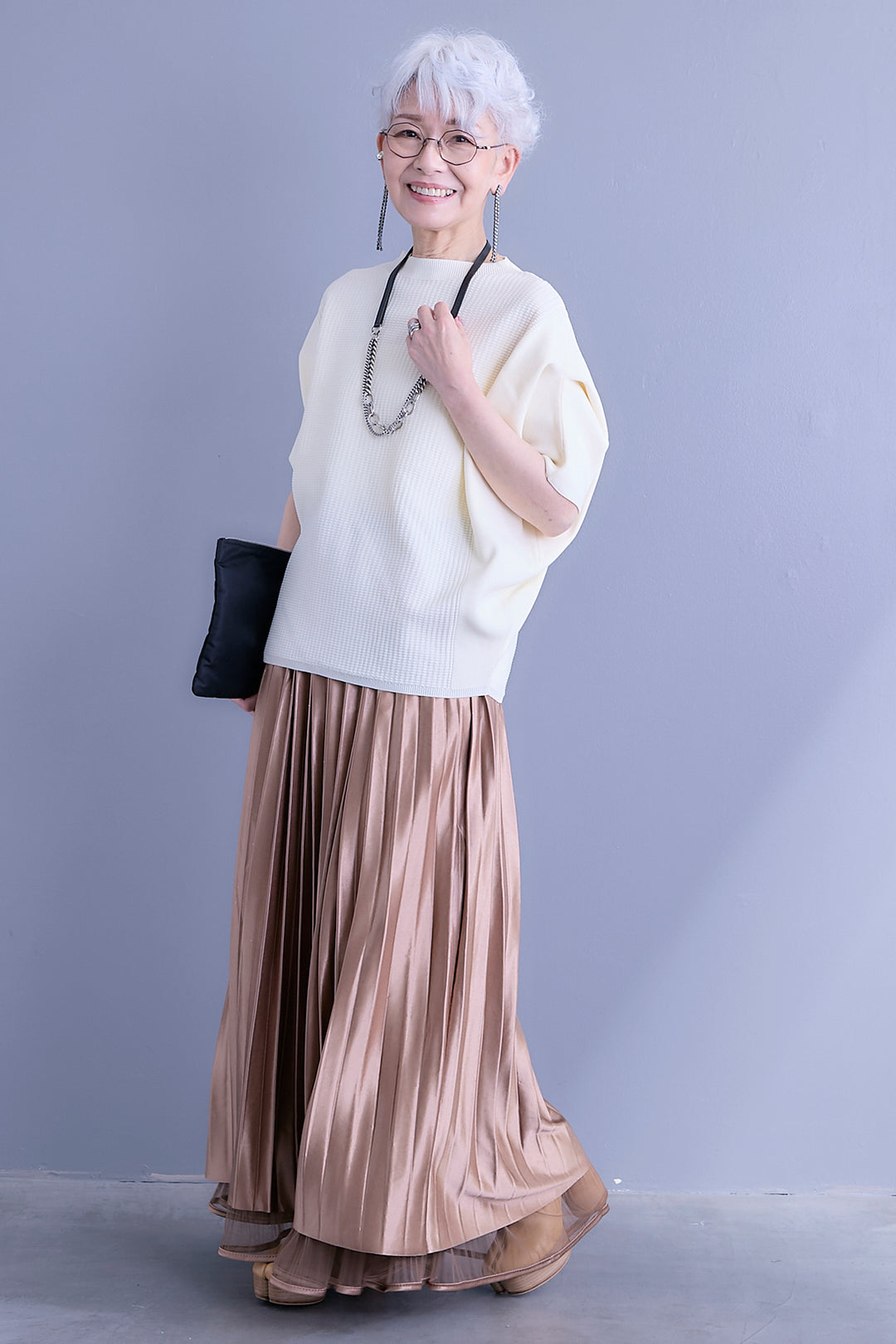 【SET】アップスリーブニットプルオーバー+2WAYラメサテンプリーツ×シアーティアードチュールスカート(2set)