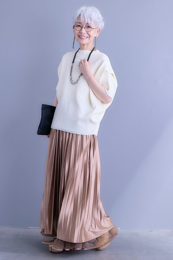 【SET】アップスリーブニットプルオーバー+2WAYラメサテンプリーツ×シアーティアードチュールスカート(2set)