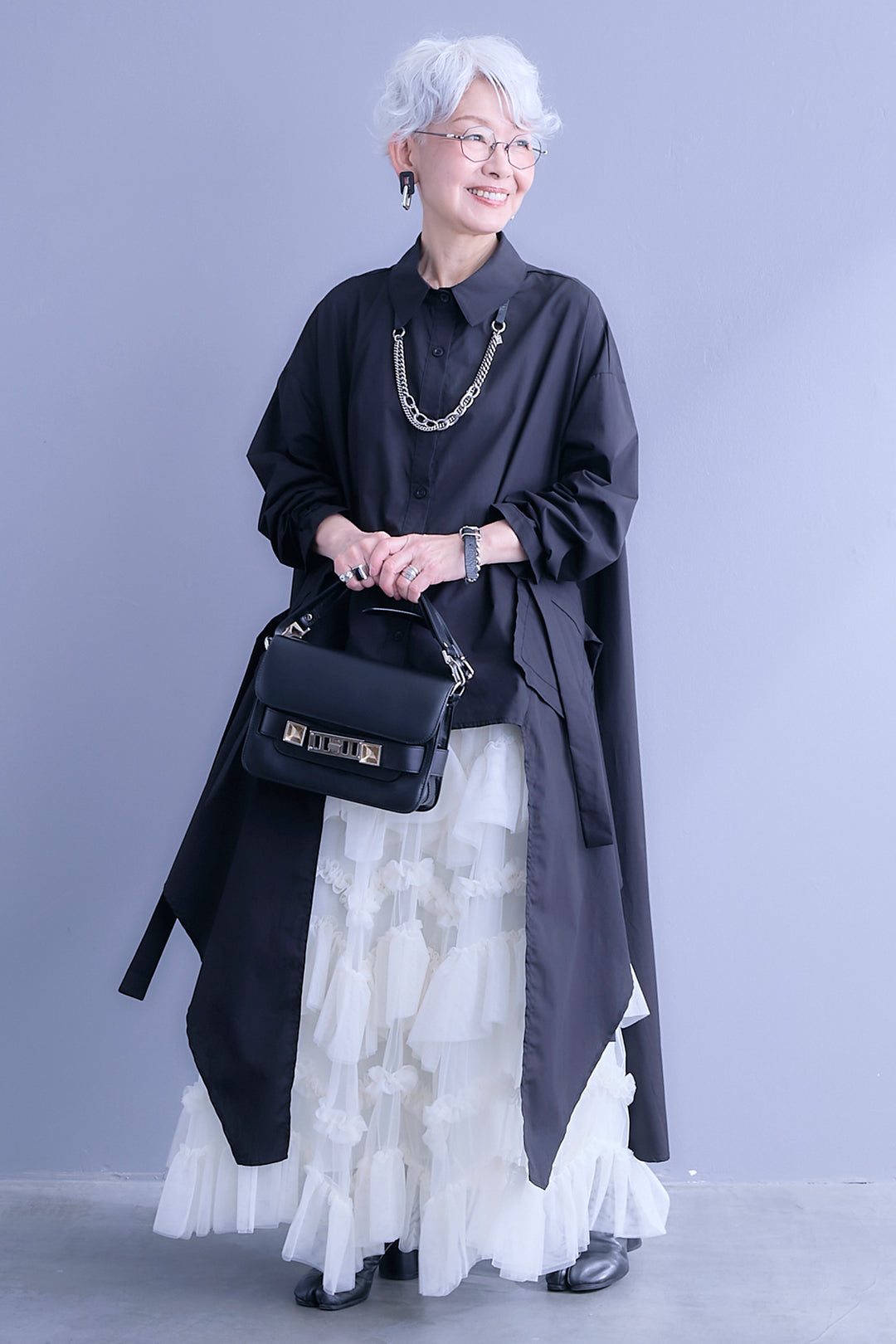 【SET】ロングテールアシメカットデザインシャツ+ペタルティアードチュールスカート(2set)