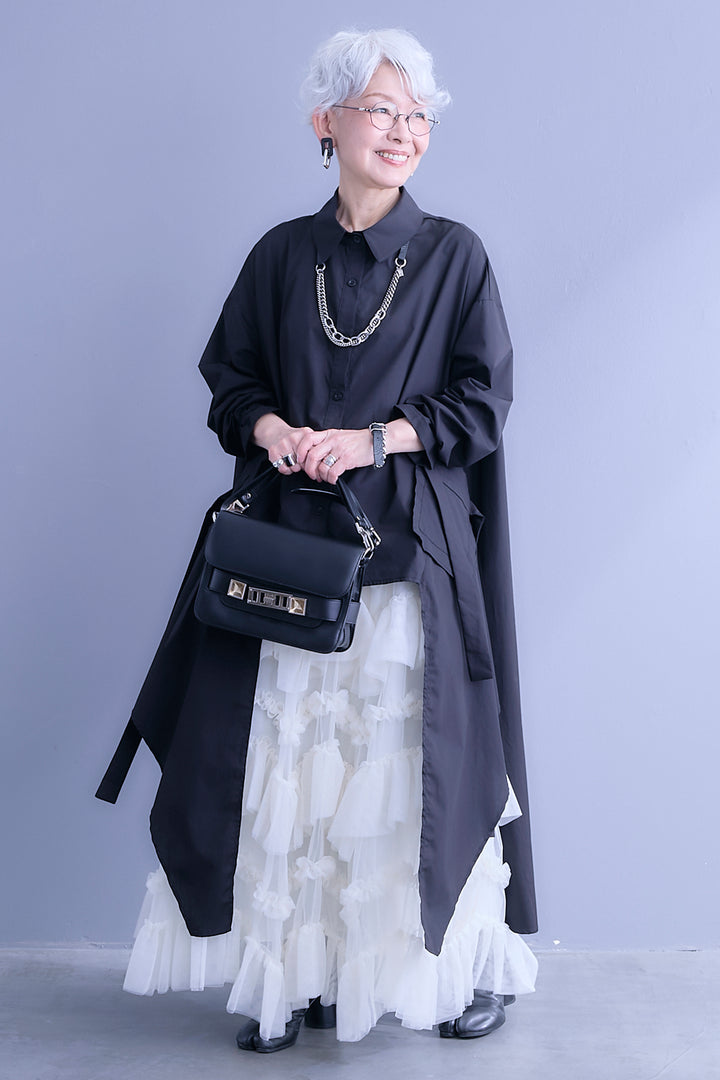 【SET】ロングテールアシメカットデザインシャツ+ペタルティアードチュールスカート(2set)