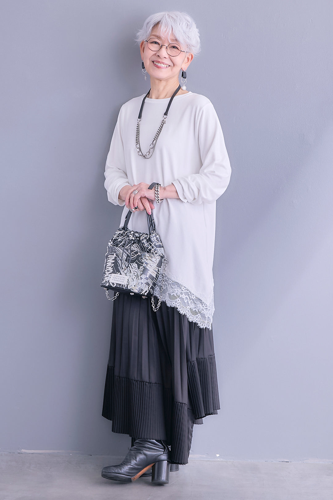 【SET】ヘムレースアシメロンT+アシンメトリープリーツスカート(2set)