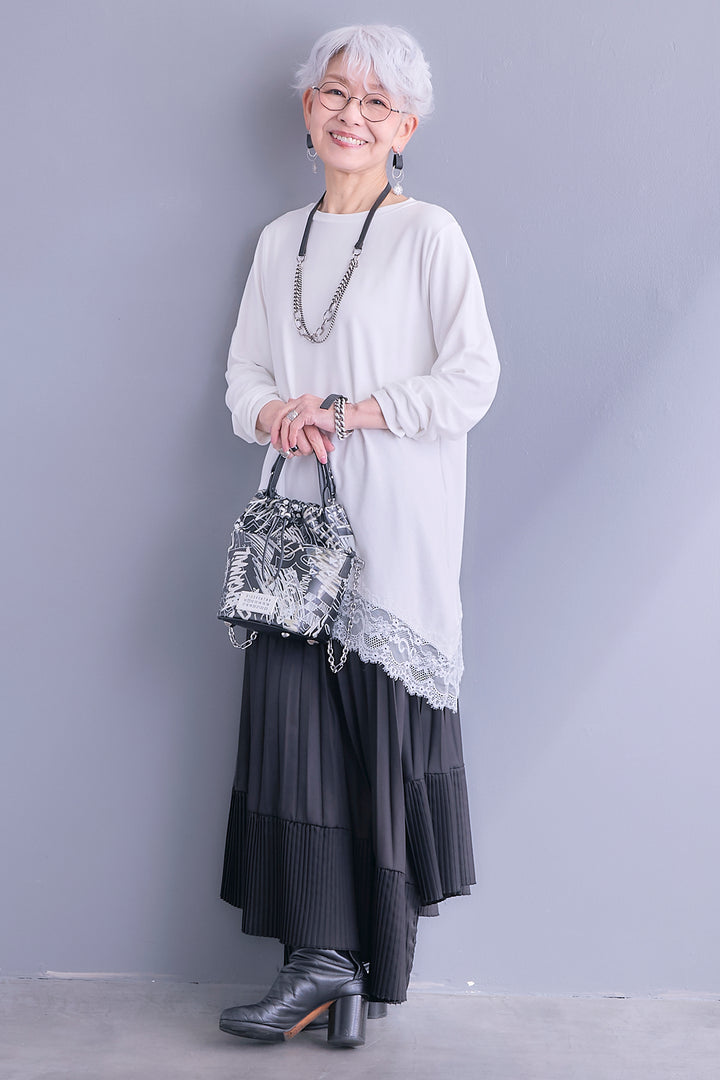 【SET】ヘムレースアシメロンT+アシンメトリープリーツスカート(2set)