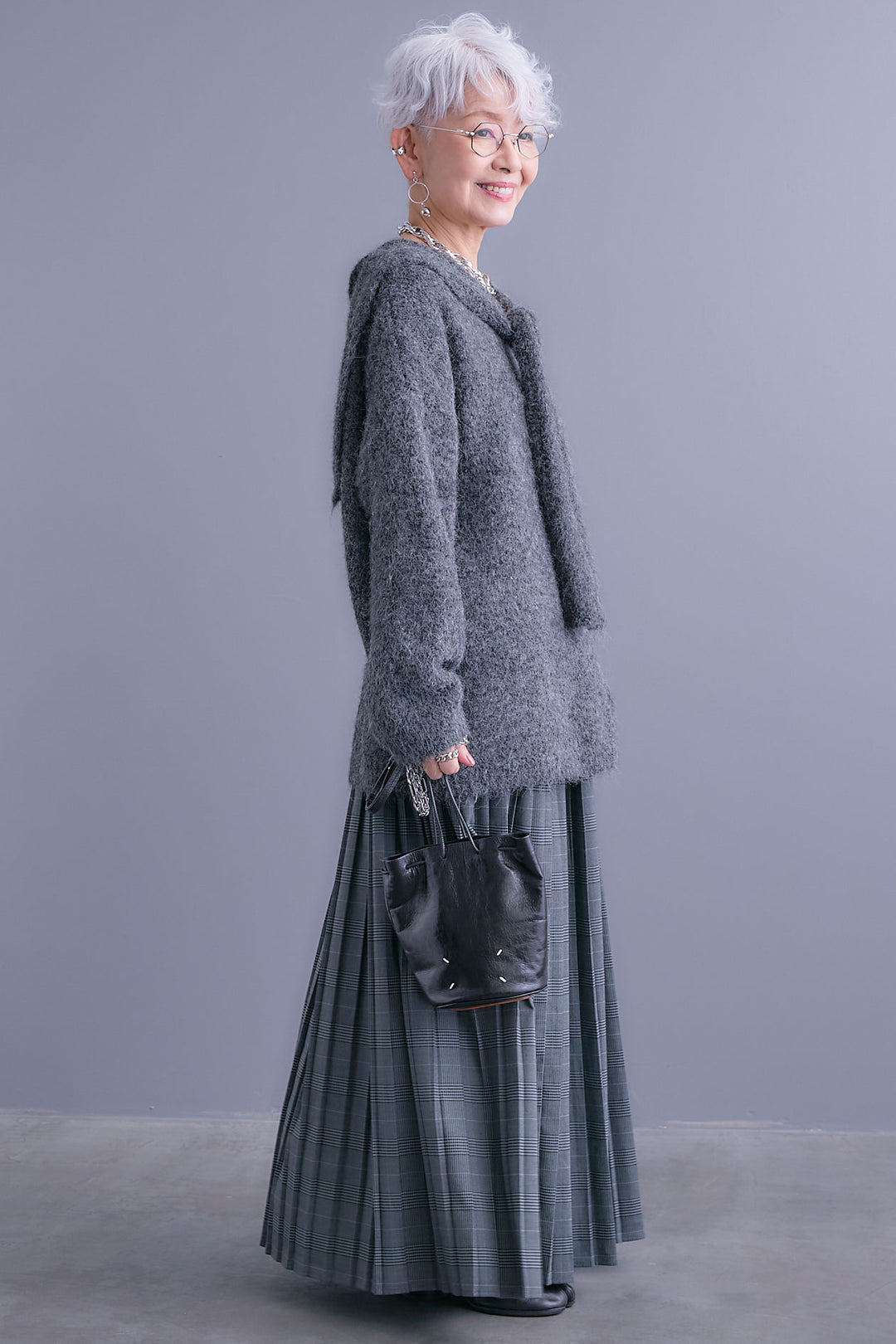 【SET】カーデケープVネックニット+グレンチェックプリーツスカート(2set)