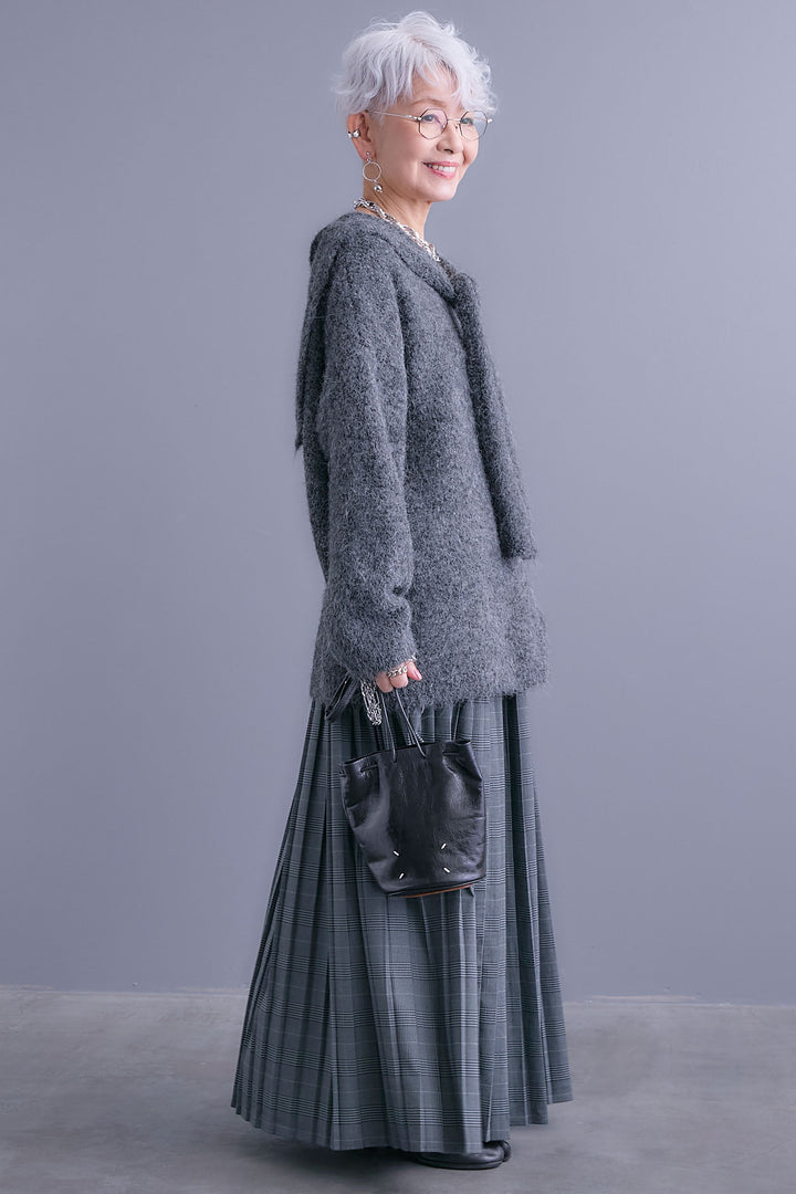 【SET】カーデケープVネックニット+グレンチェックプリーツスカート(2set)