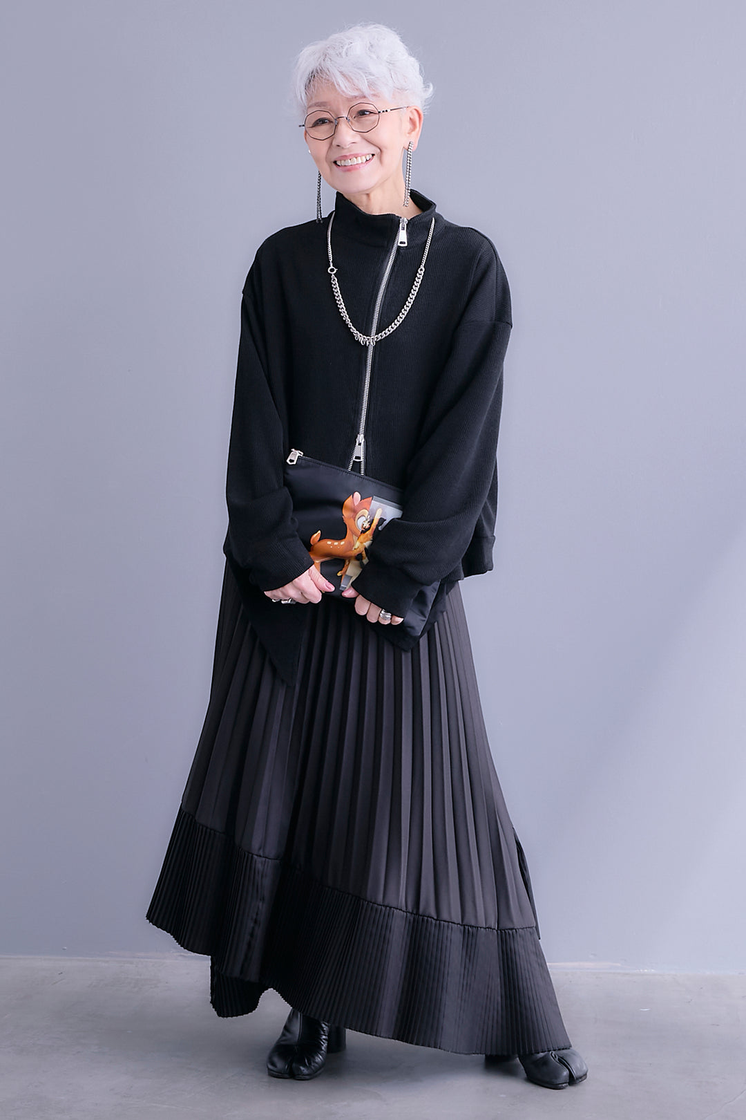 【SET】アシメWZIPハイネックカーディガン+アシンメトリーロンT+アシンメトリープリーツスカート(3set)