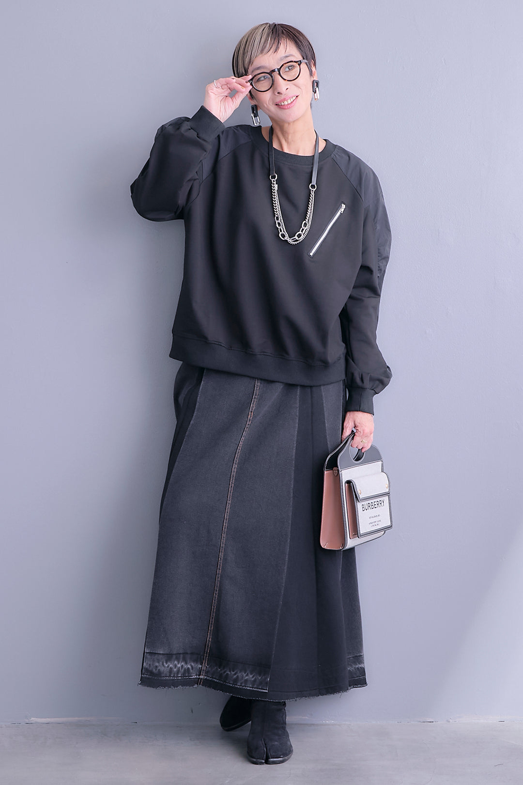 【SET】フロントZIPシャーリングスリーブトップス+プリーツタックデニムスカート(2set)