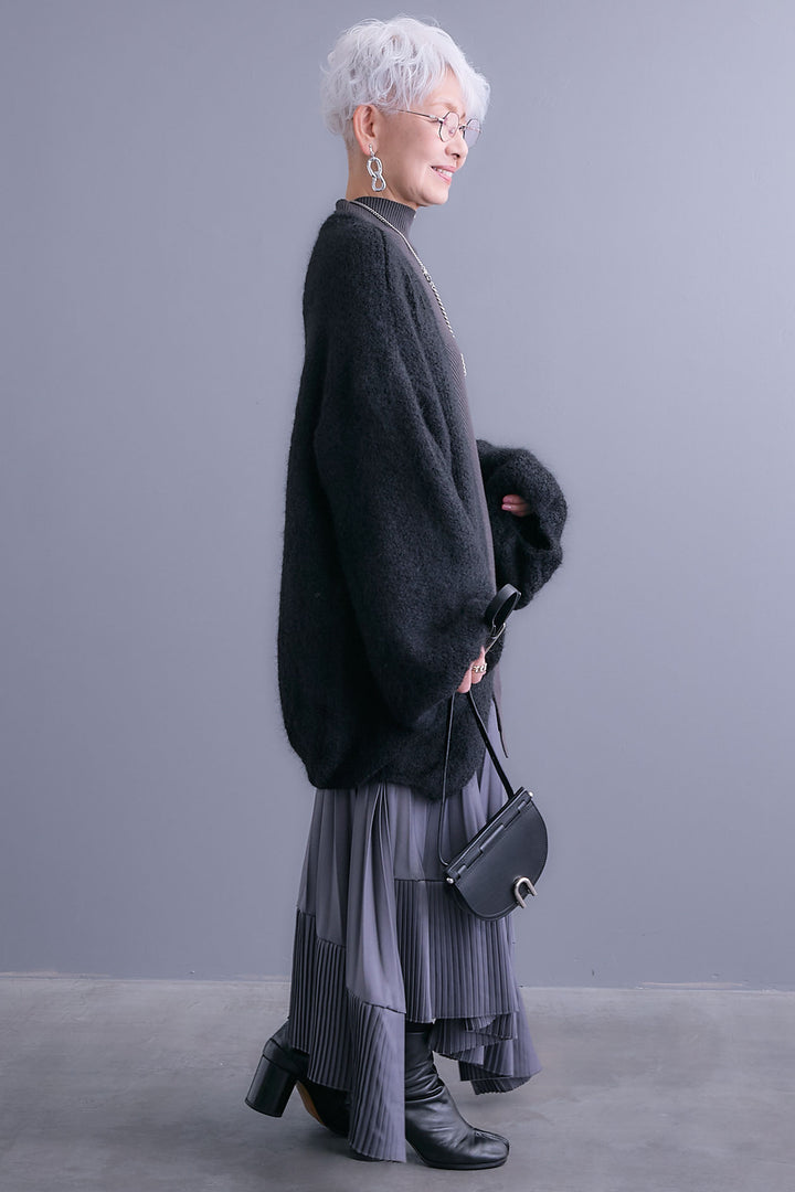 【SET】アシンメトリーオーバーニット+ボリュームスリーブニットカーディガン+アシンメトリープリーツスカート(3set)