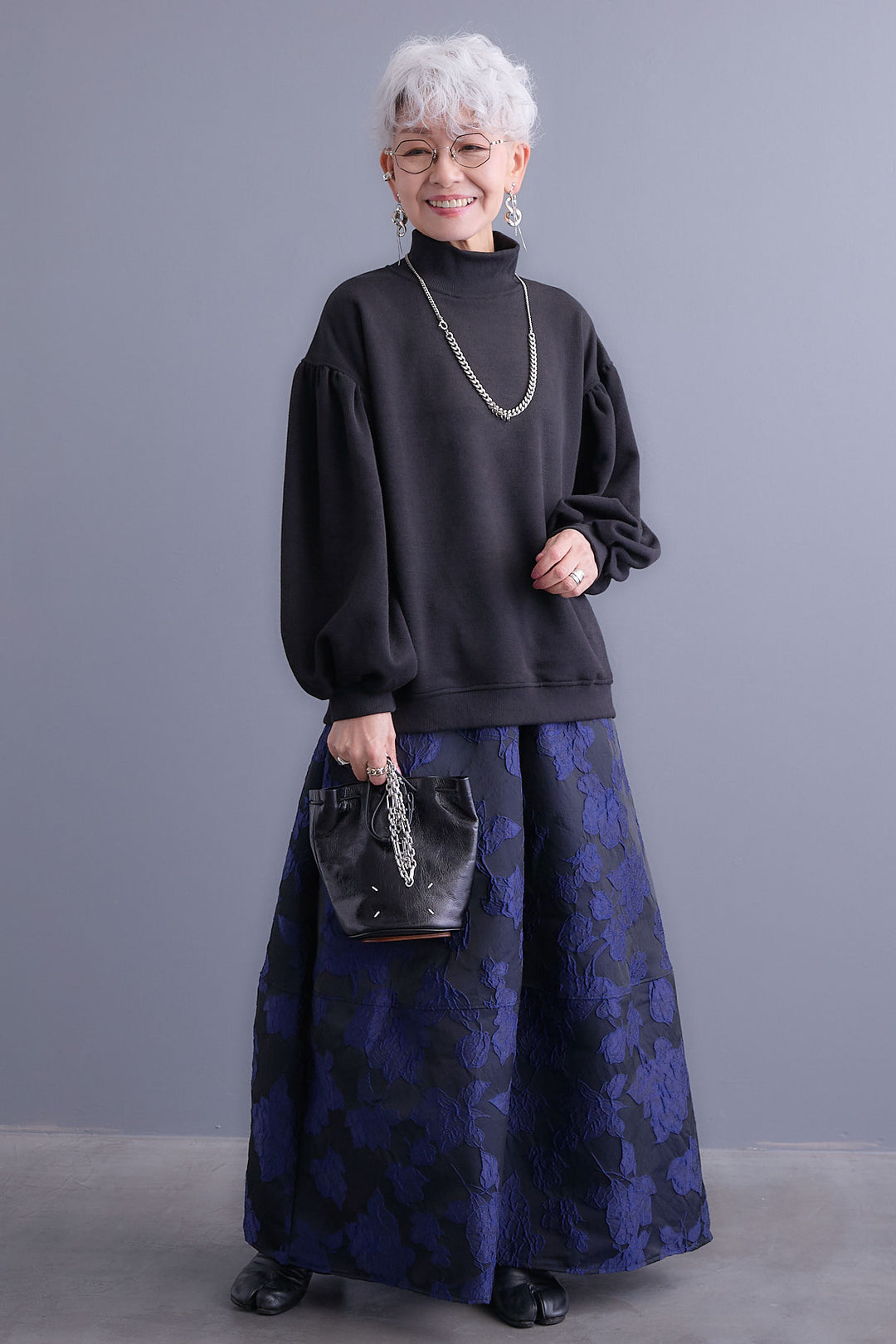 【SET】ボリュームスリーブモックネックプルオーバー+ジャガードフラワースカート(2set)