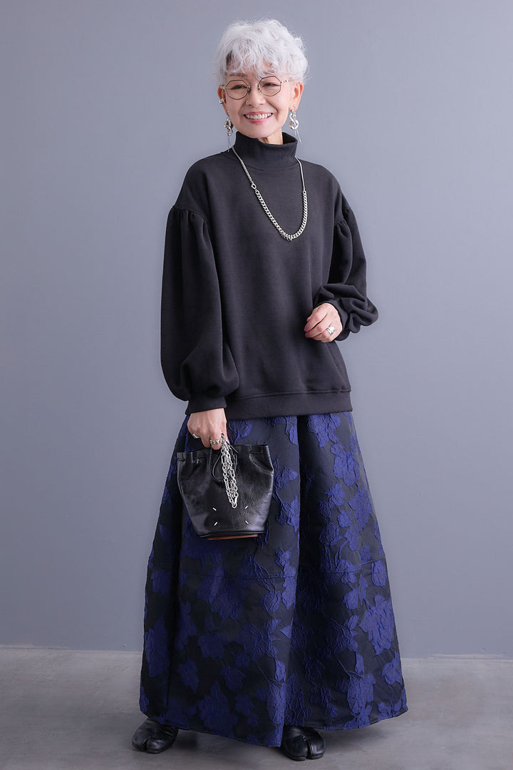 【SET】ボリュームスリーブモックネックプルオーバー+ジャガードフラワースカート(2set)