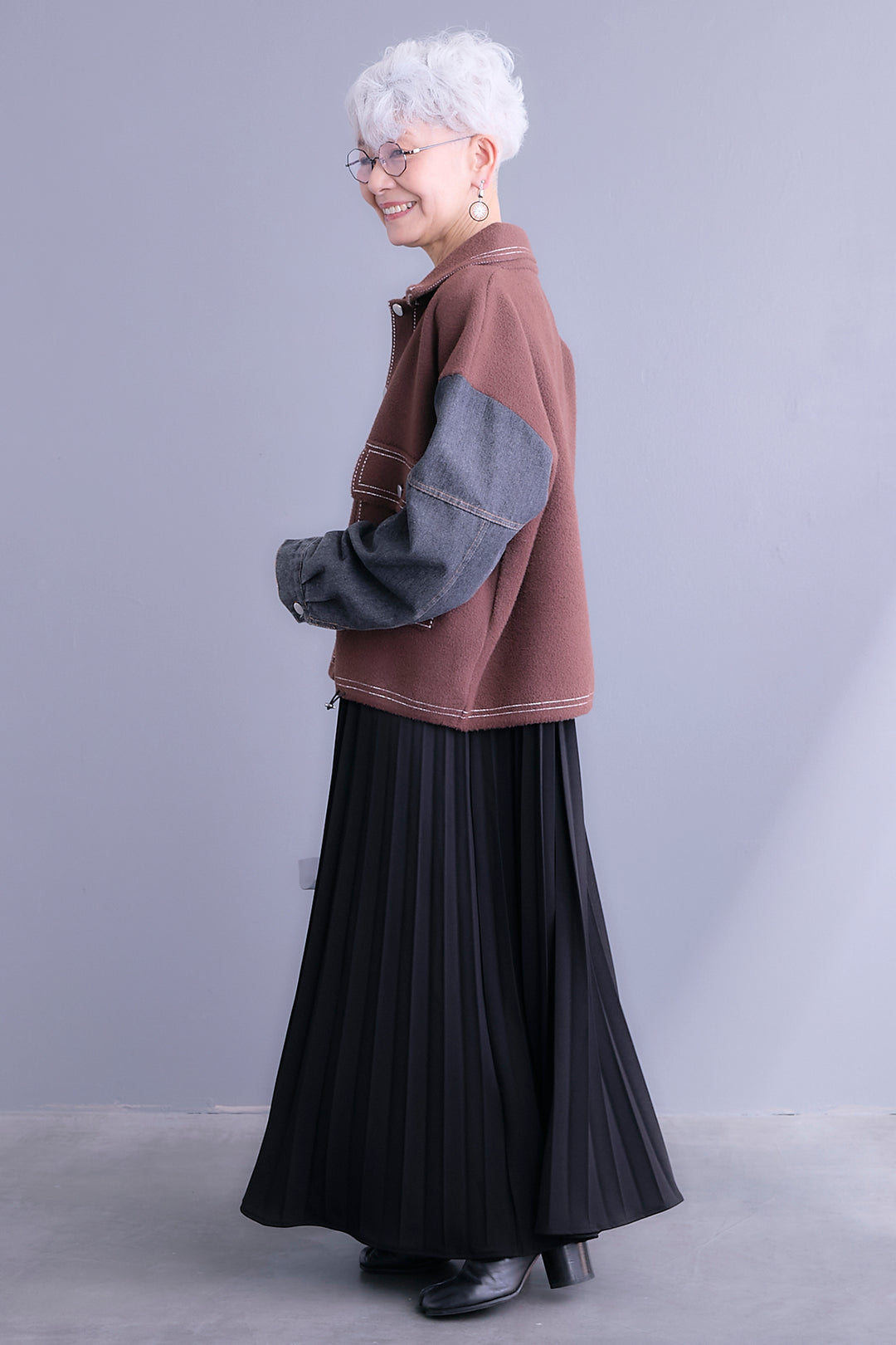 【SET】ステッチニット×デニムスリーブジャケット+プリーツストレッチロングワンピース(2set)