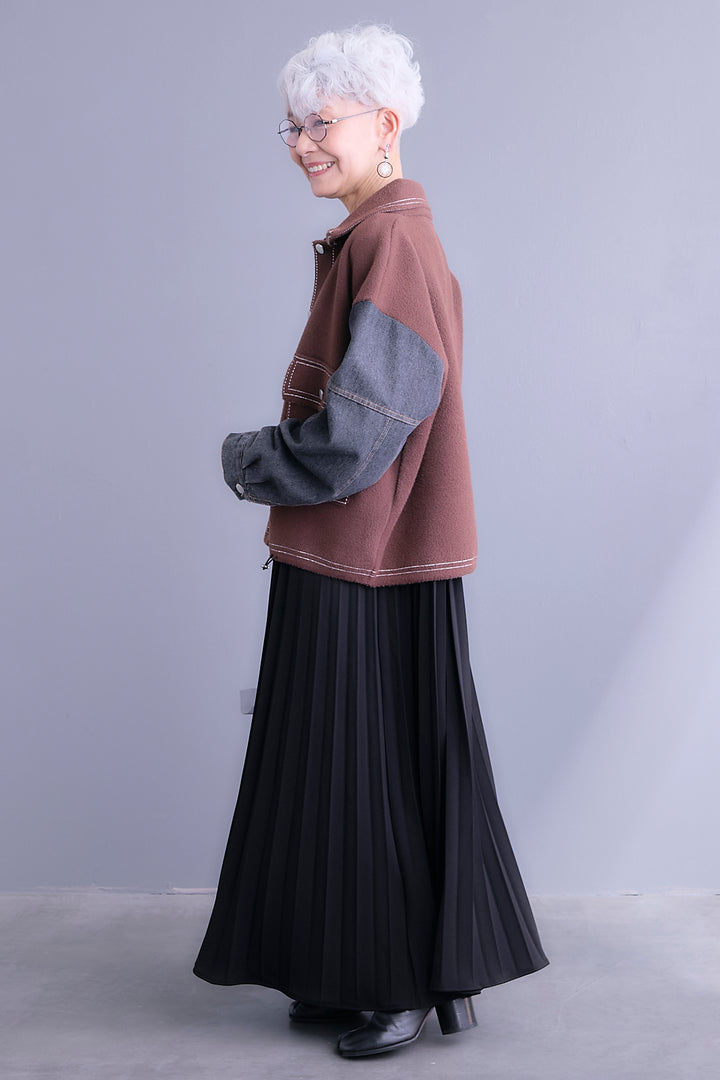 【SET】ステッチニット×デニムスリーブジャケット+プリーツストレッチロングワンピース(2set)