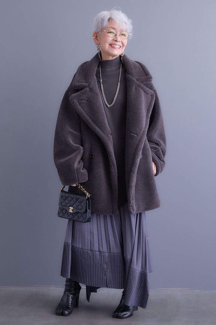 【SET】アシンメトリーオーバーニット+テディボアミディコート+アシンメトリープリーツスカート(3set)