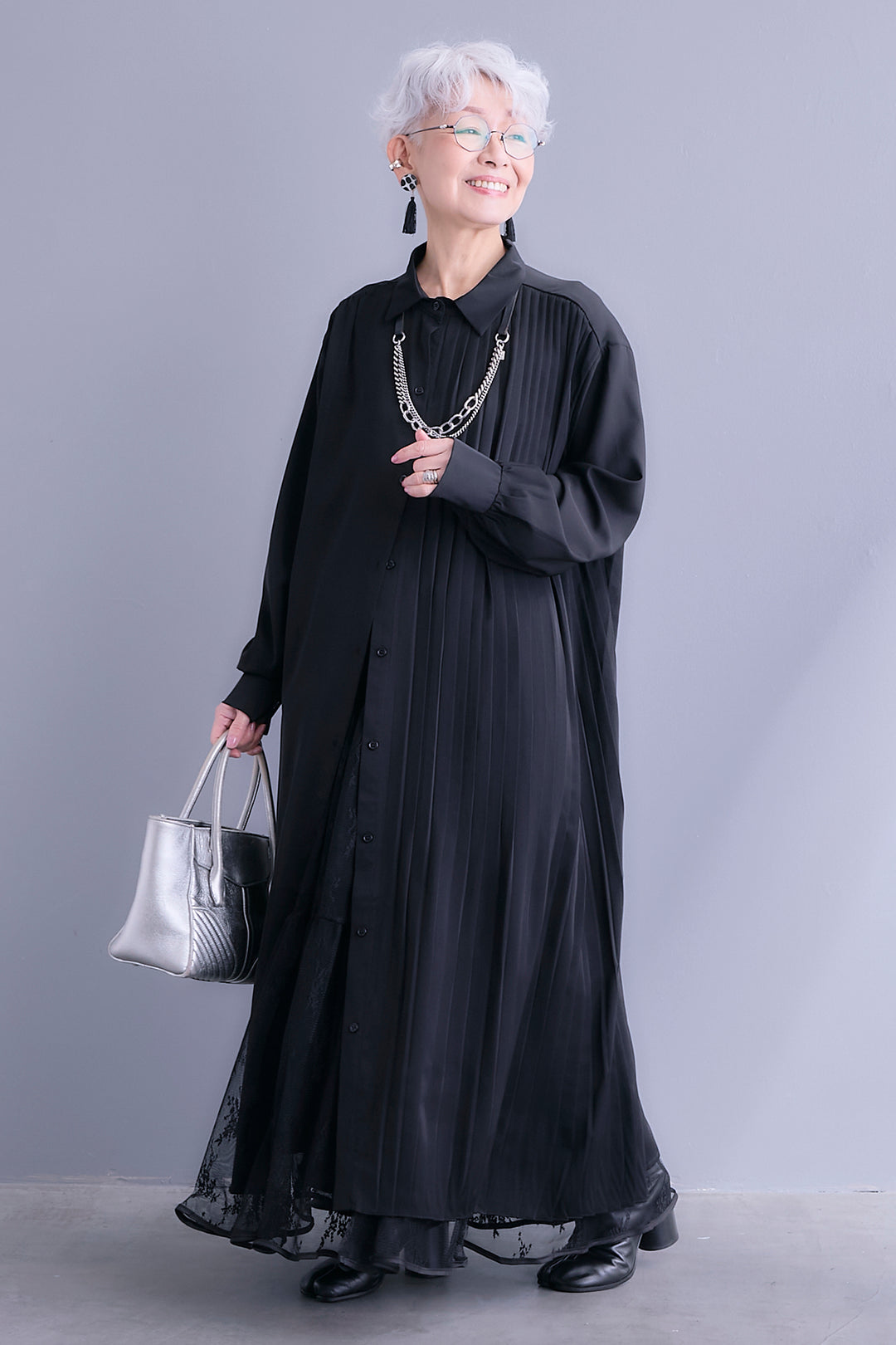 【SET】アシンメトリープリーツシャツワンピース+レースティアードスカート(2set)