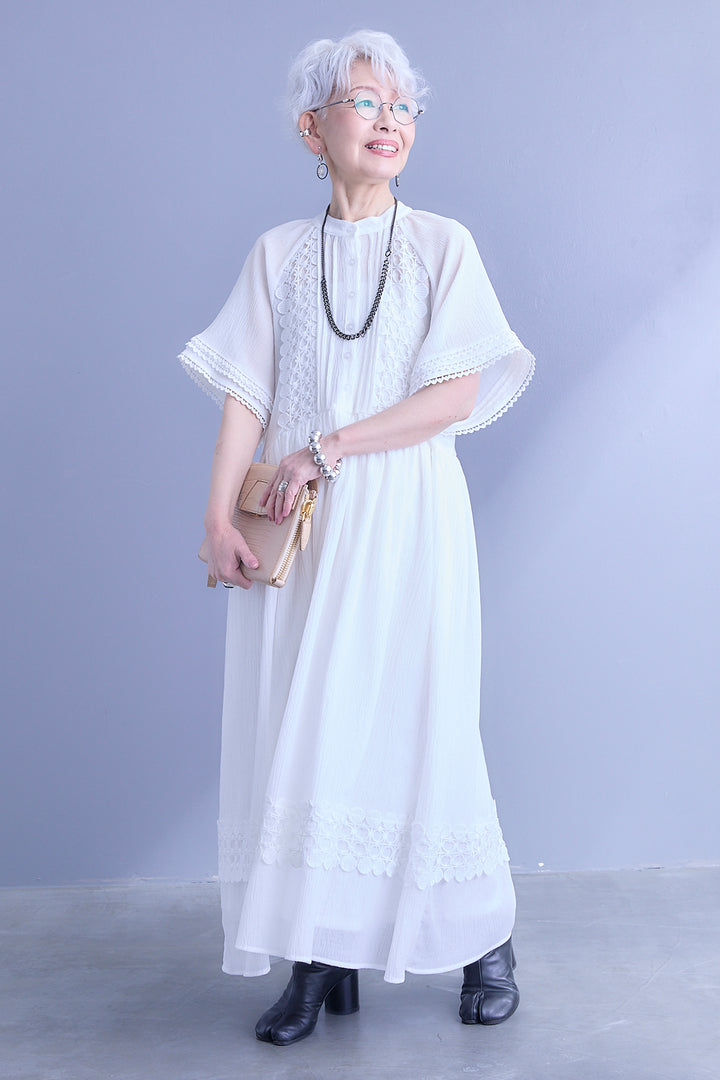 【即納】モチーフレースノーカラーハーフスリーブワンピース