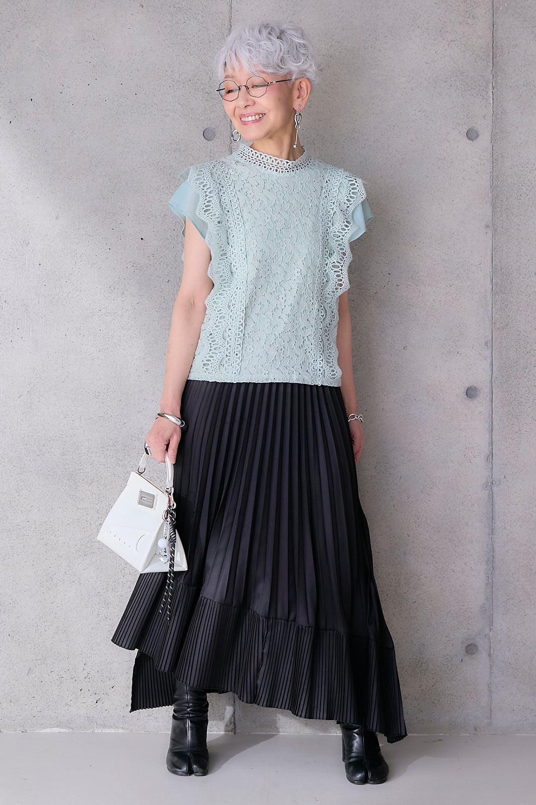 【SET】接触冷感スタンドカラーフレンチスリーブレースブラウス+アシンメトリープリーツスカート(2set)