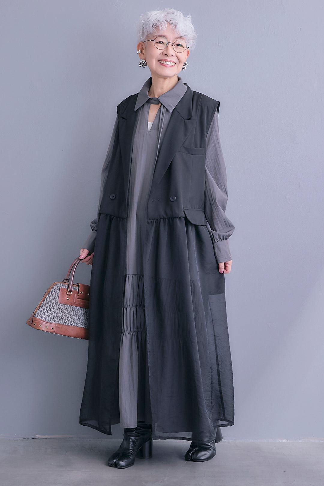 【SET】シアーオーガンジージャケットベスト+コードキーネックシャーリングデザインワンピース(2set)