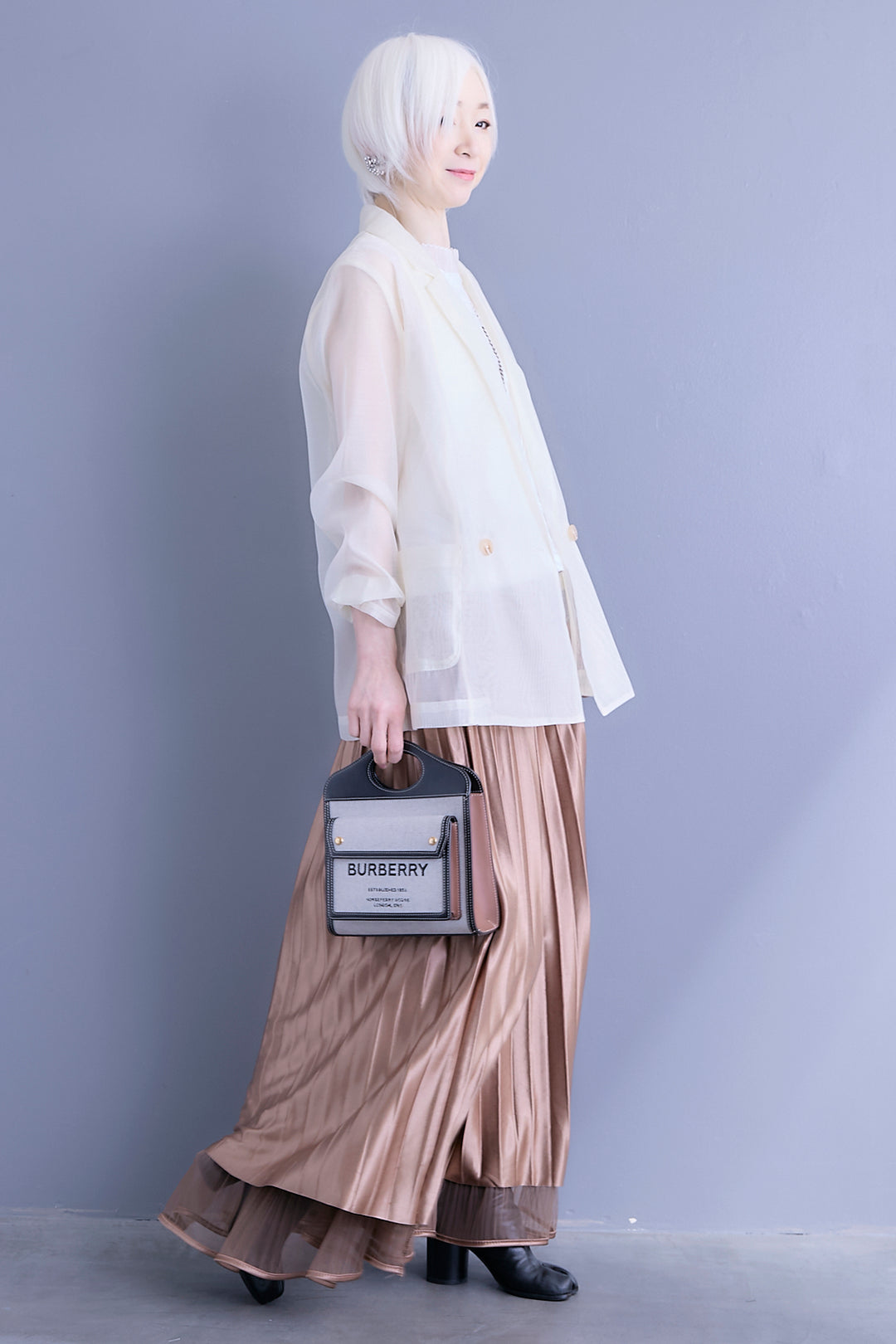 【SET】シアーポプリンダブルテーラードジャケット+ウェーブモチーフスタンドネックブラウス+2WAYラメサテンプリーツ×シアーティアードチュールスカート(3set)