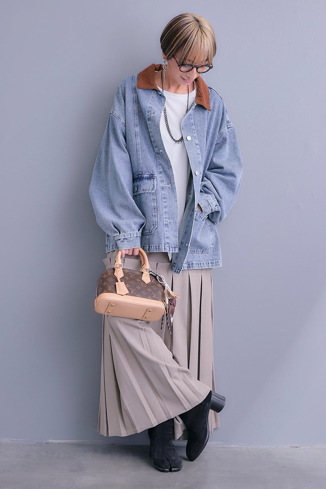 【SET】コーデュロイカラー10ozデニムジャケット+アシンメトリーロンT+ボックスプリーツロングスカート(3set)