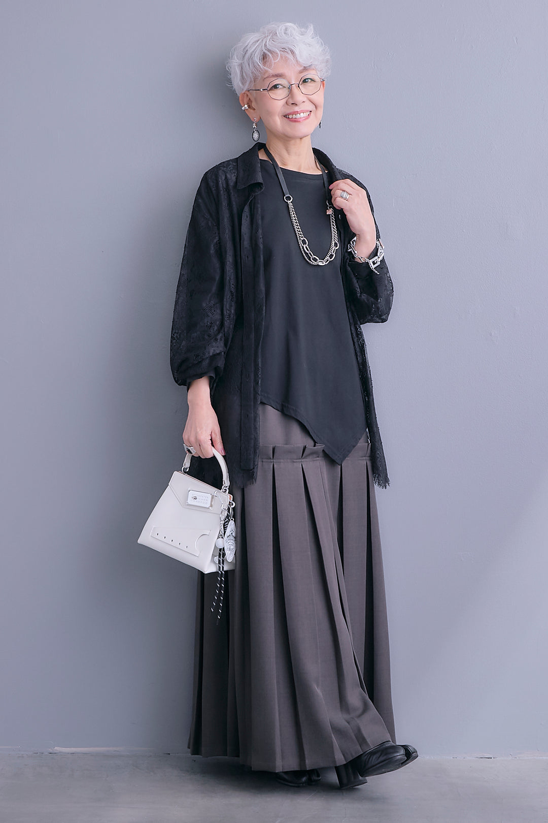 【SET】アイラッシュレースボリュームスリーブシャツ+アシンメトリーロンT+ボックスプリーツロングスカート(3set)