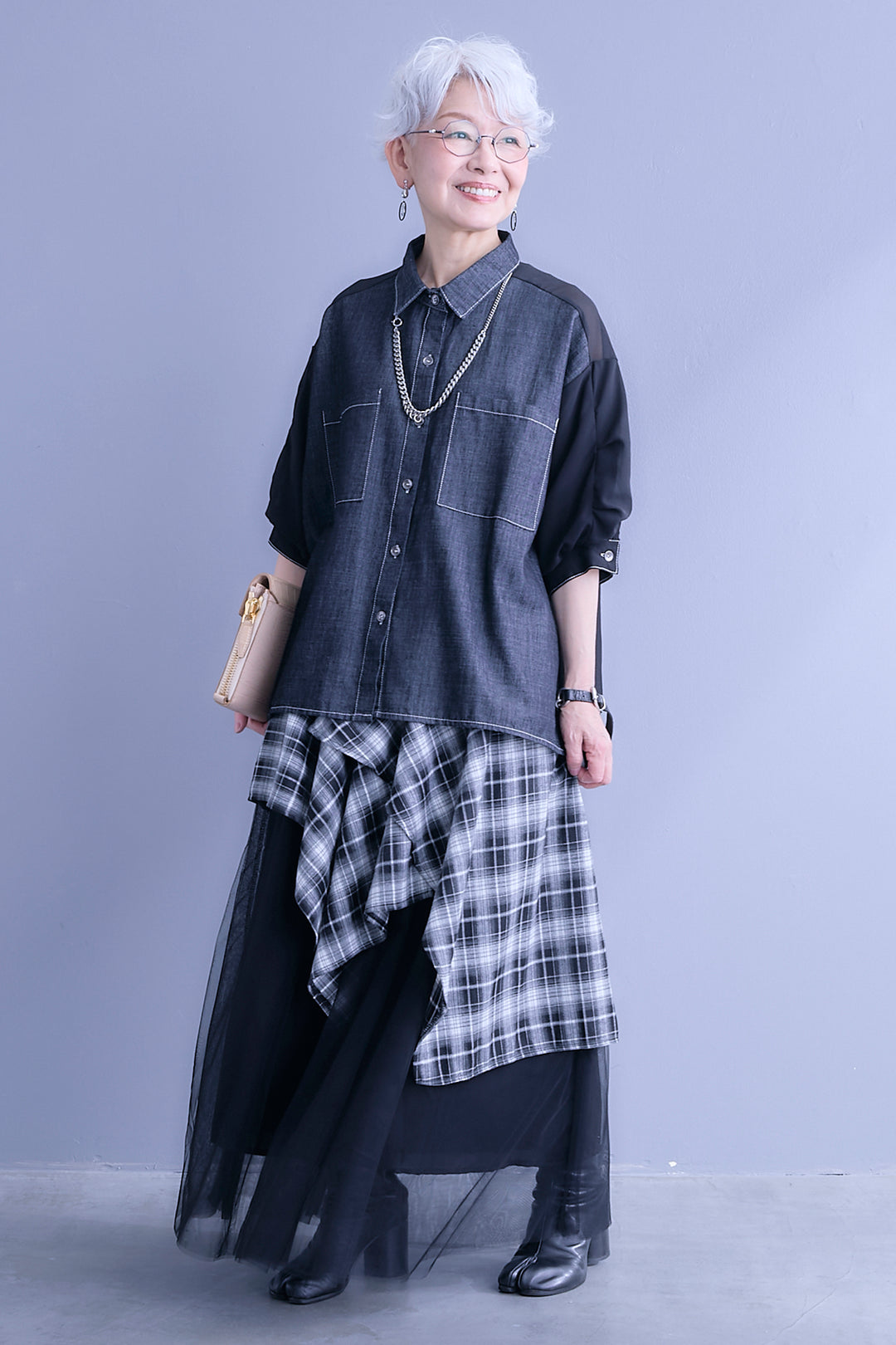 【SET】デニム×シフォンパフスリーブシャツ+チェックスカーフドッキングチュールスカート(2set)