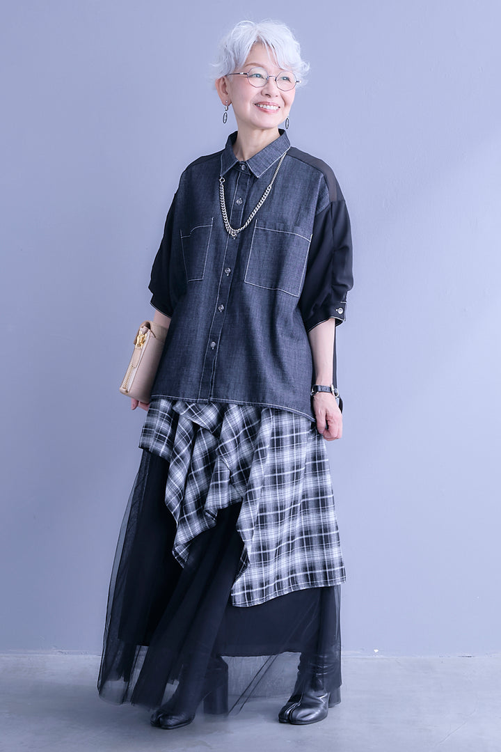 【SET】デニム×シフォンパフスリーブシャツ+チェックスカーフドッキングチュールスカート(2set)