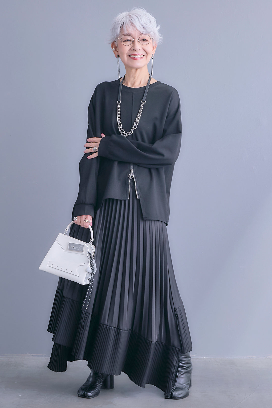 【SET】アシメリングZIPデザインプルオーバー+アシンメトリープリーツスカート(2set)