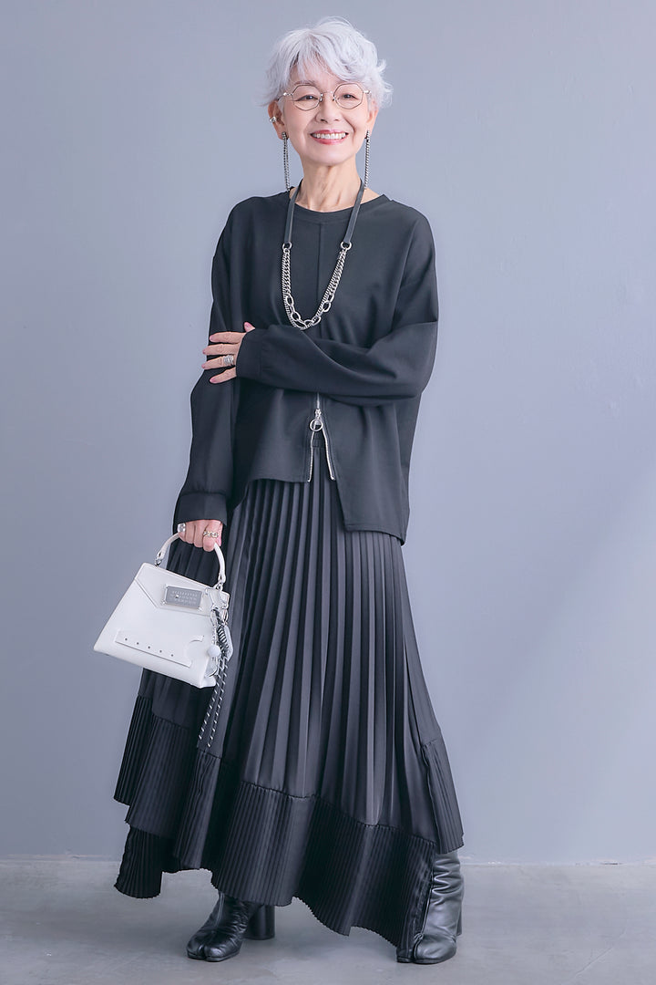 【SET】アシメリングZIPデザインプルオーバー+アシンメトリープリーツスカート(2set)