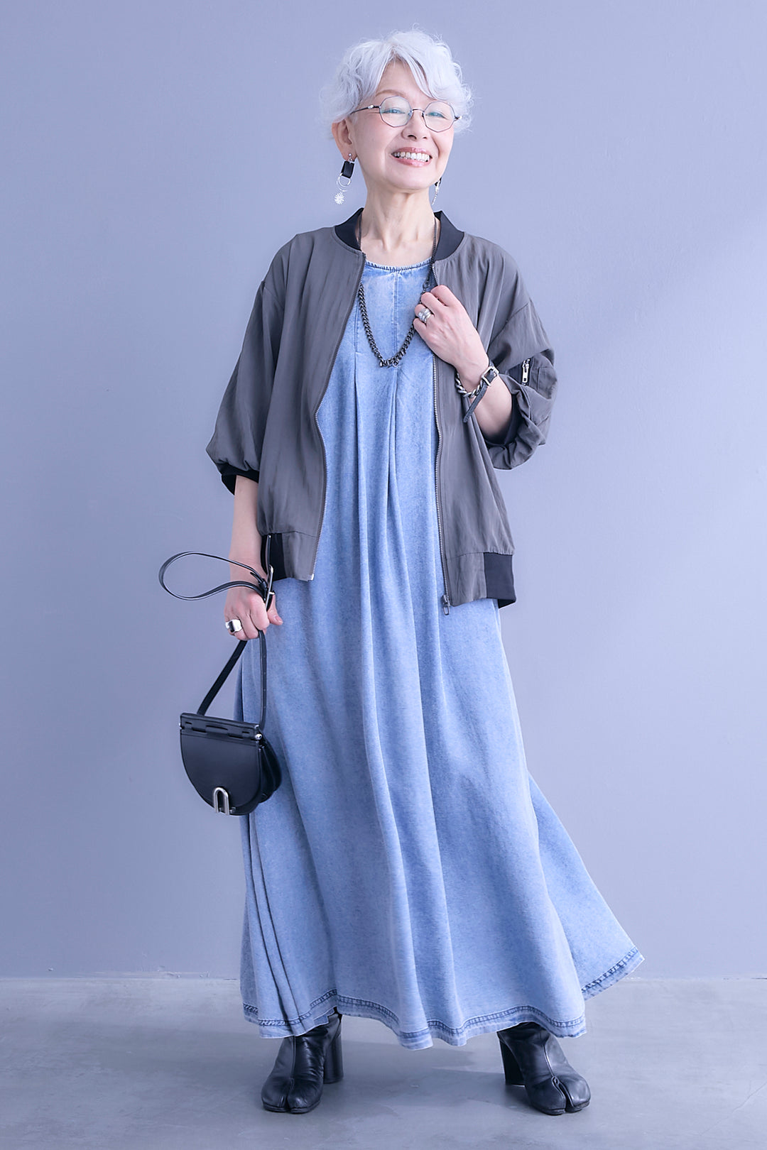 【SET】バルーンハーフスリーブMA-1ジャケット+パウダーシルクヴィンテージデニムワンピース(2set)