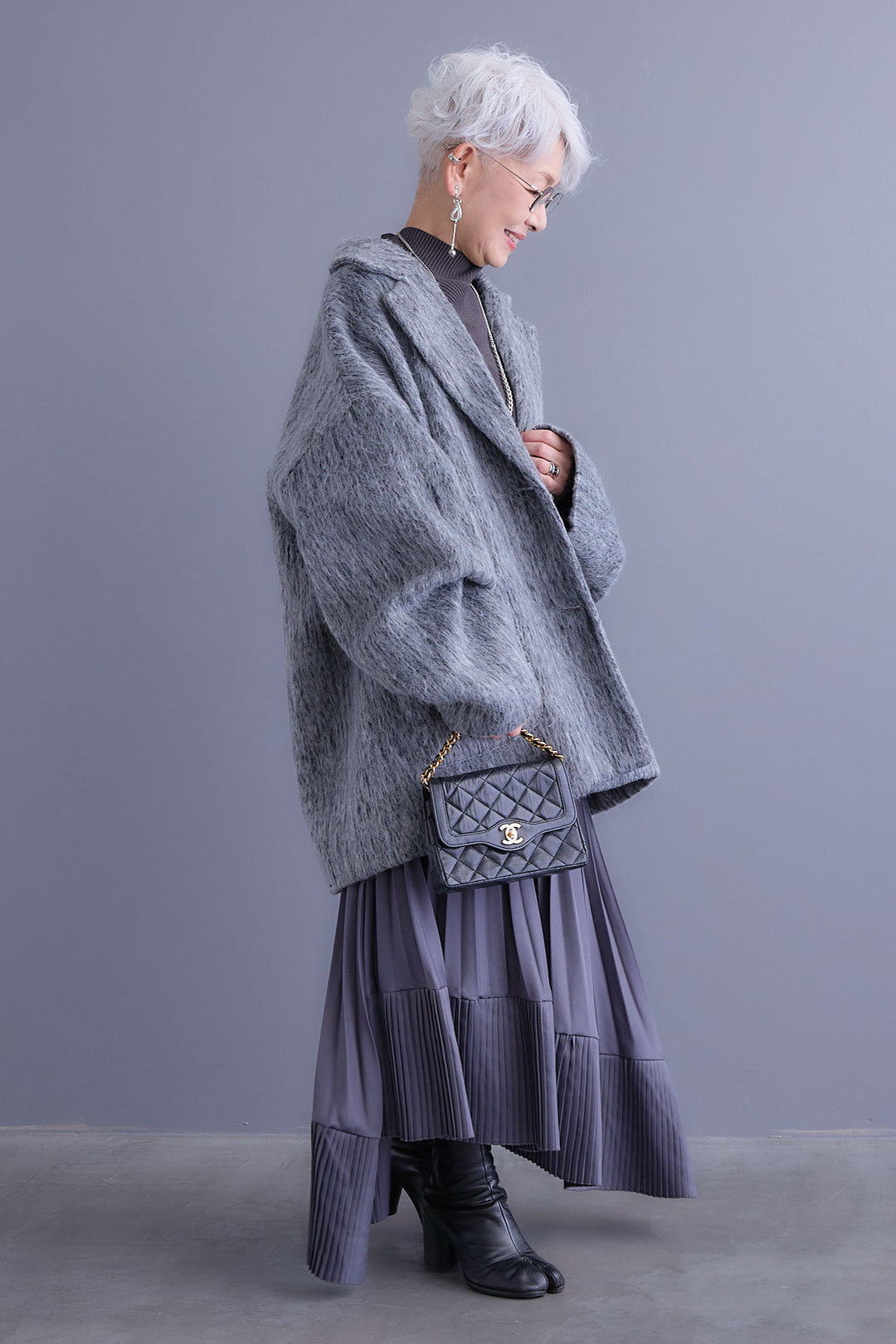 【SET】アシンメトリーオーバーニット+シャギーテーラードコート+アシンメトリープリーツスカート(3set)