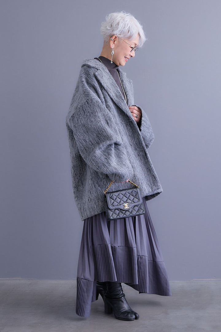 【SET】アシンメトリーオーバーニット+シャギーテーラードコート+アシンメトリープリーツスカート(3set)