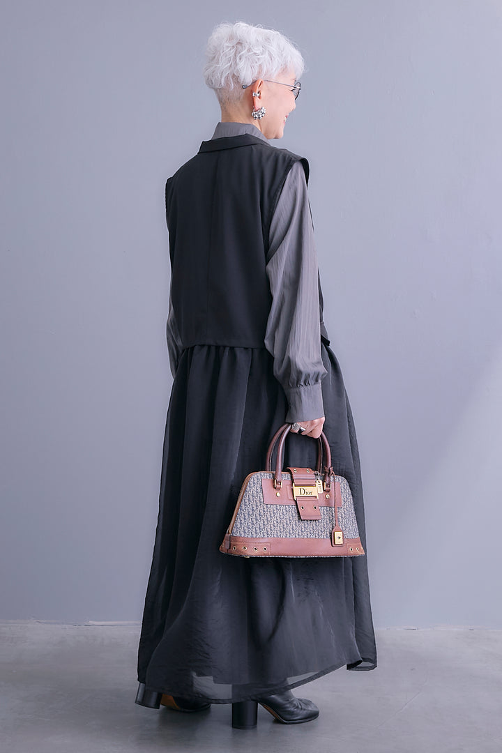 【SET】シアーオーガンジージャケットベスト+コードキーネックシャーリングデザインワンピース(2set)